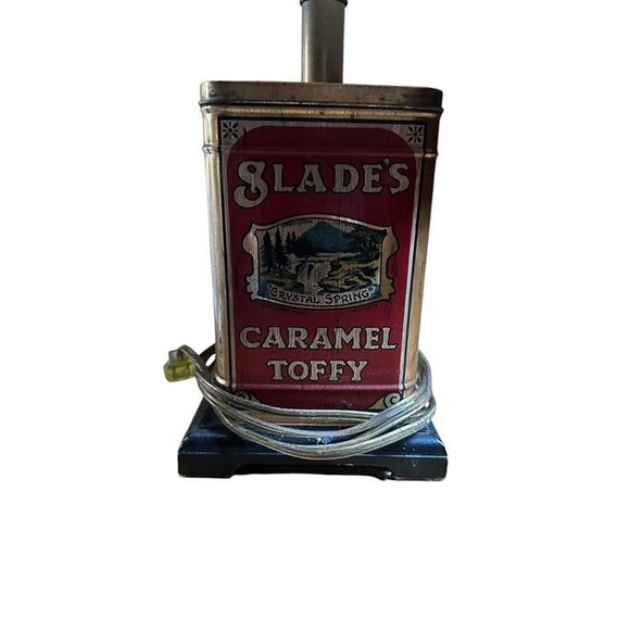 Slade's Caramel Toffy Tin Vintage Table Lamp Corded Electric with Red Shade - Picture 3 of 6